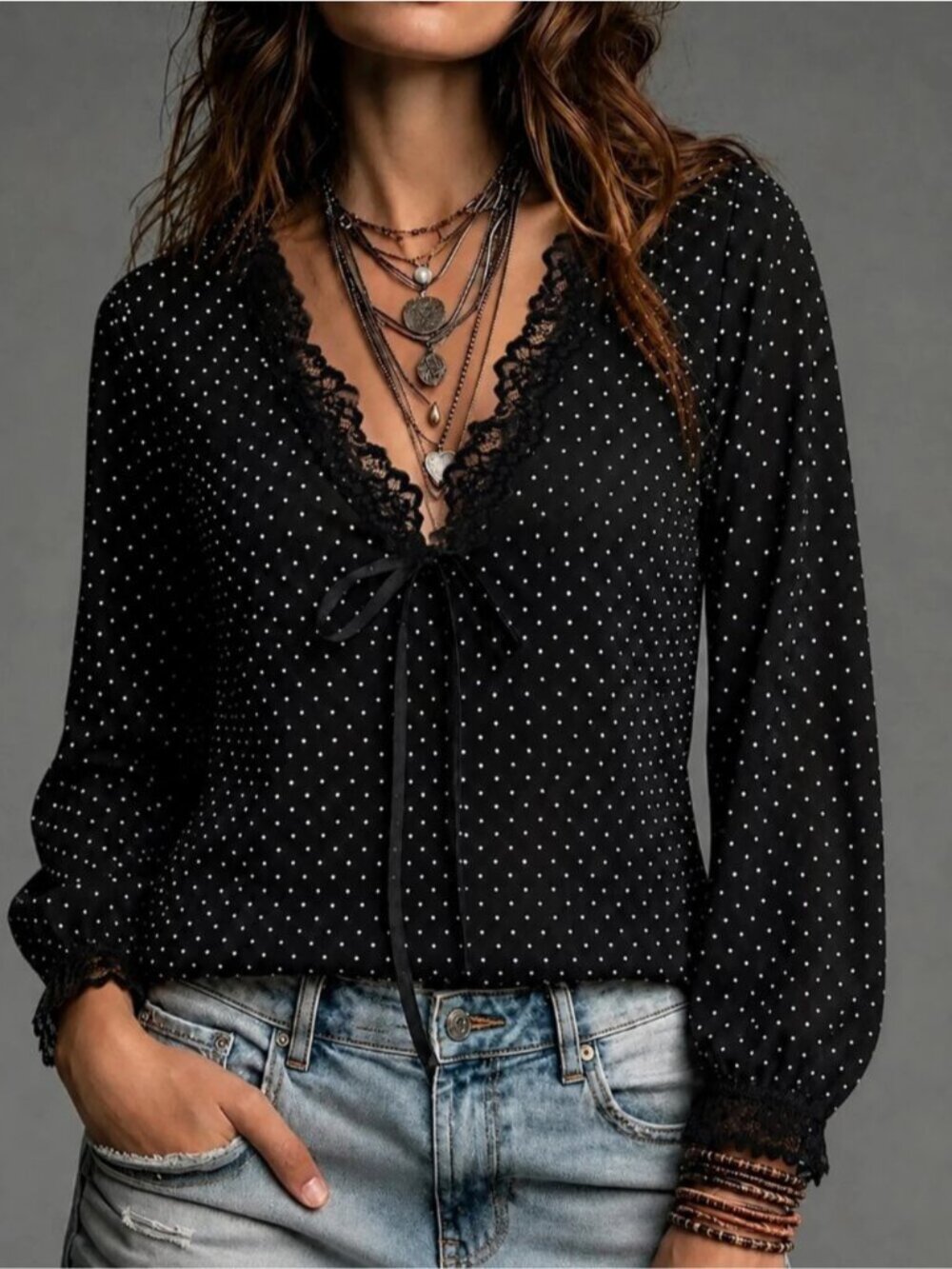 Bohemian Polka Dot Chiffon Blouse – Scalloped Lace V-Neck Cuffed Sleeve